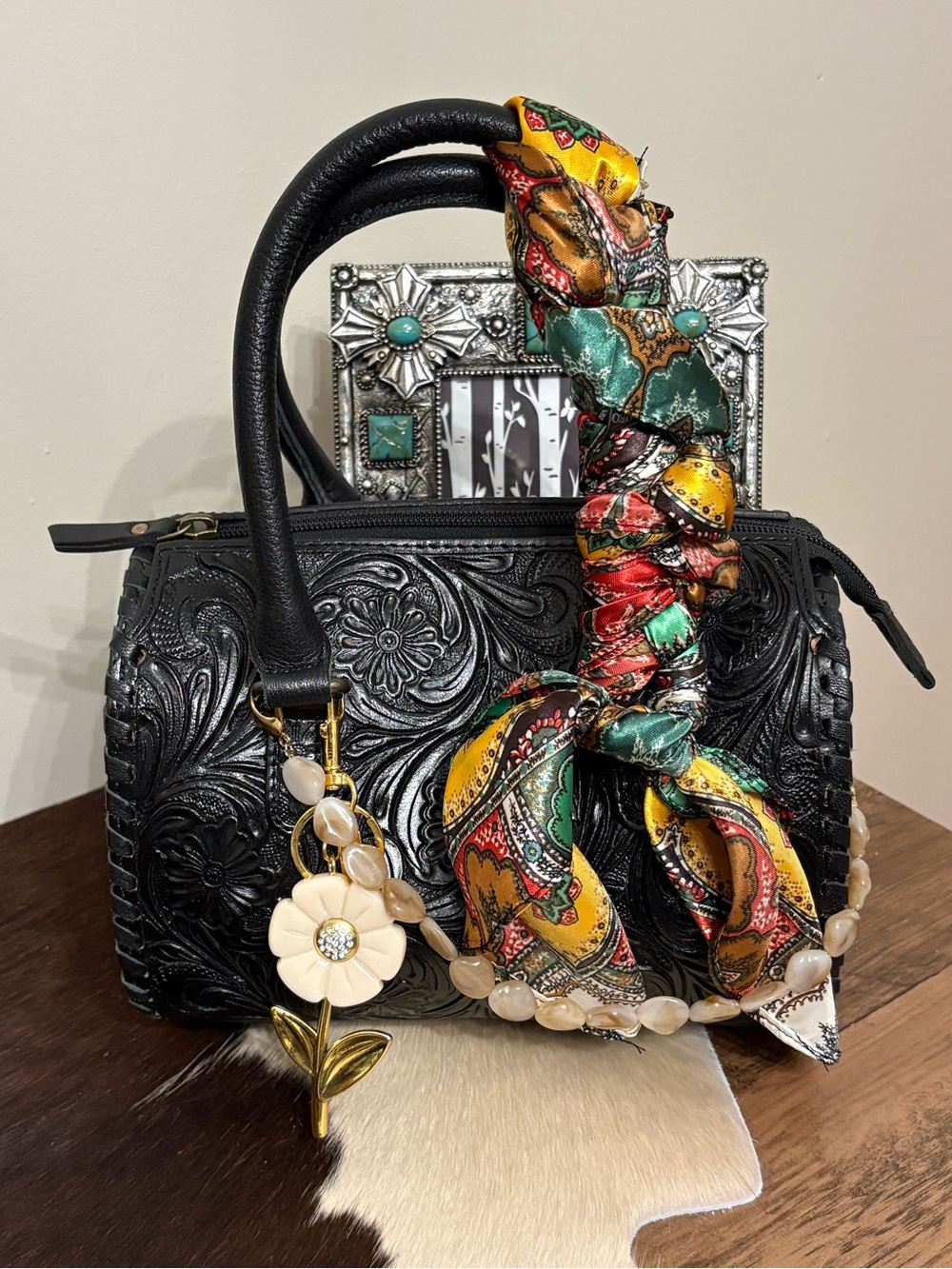 Black Embossed Leather Small Speedy with Multicolor Scarf Accent